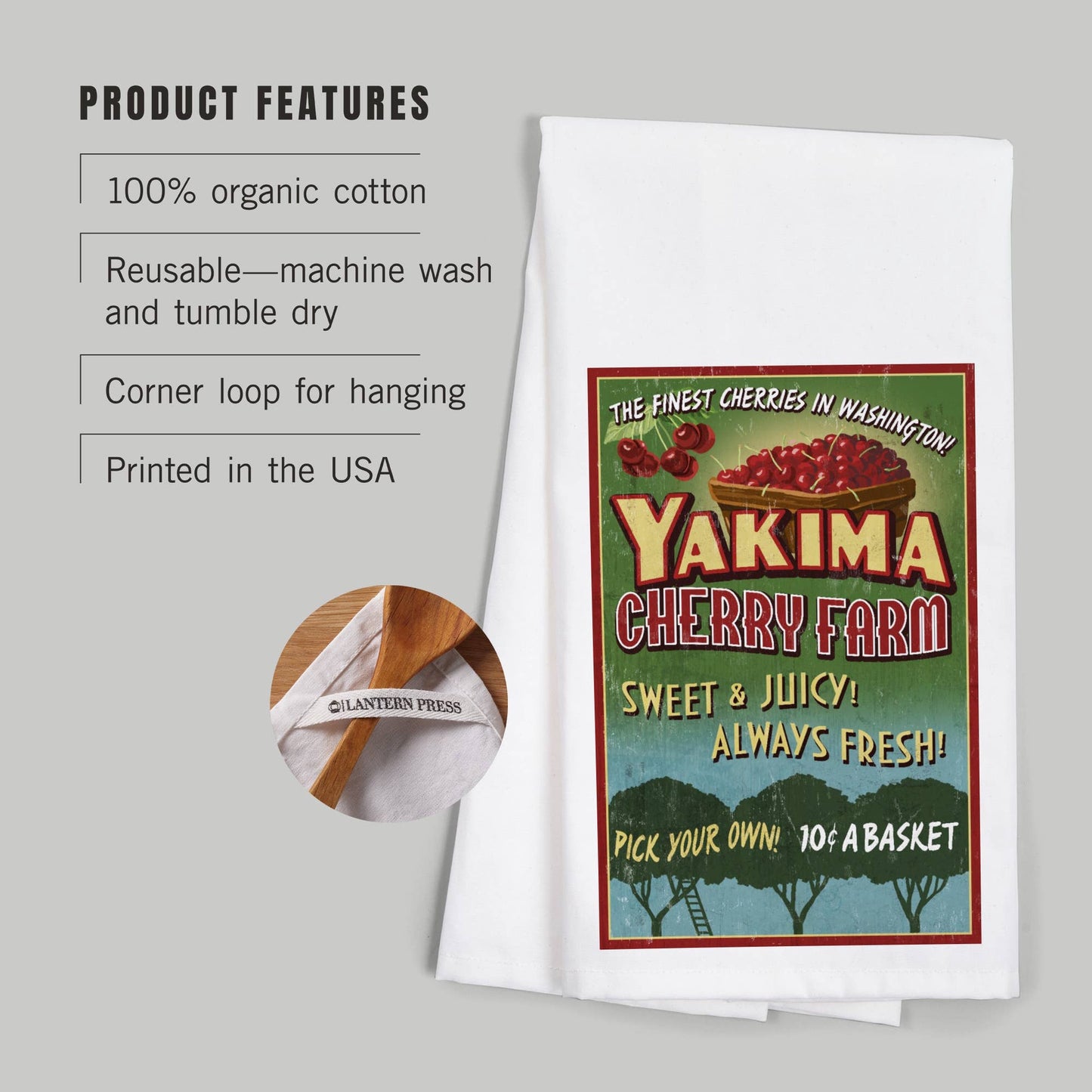 Yakima Cherries Vintage Sign Tea Towel | Lantern Press