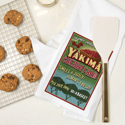 Yakima Cherries Vintage Sign Tea Towel | Lantern Press