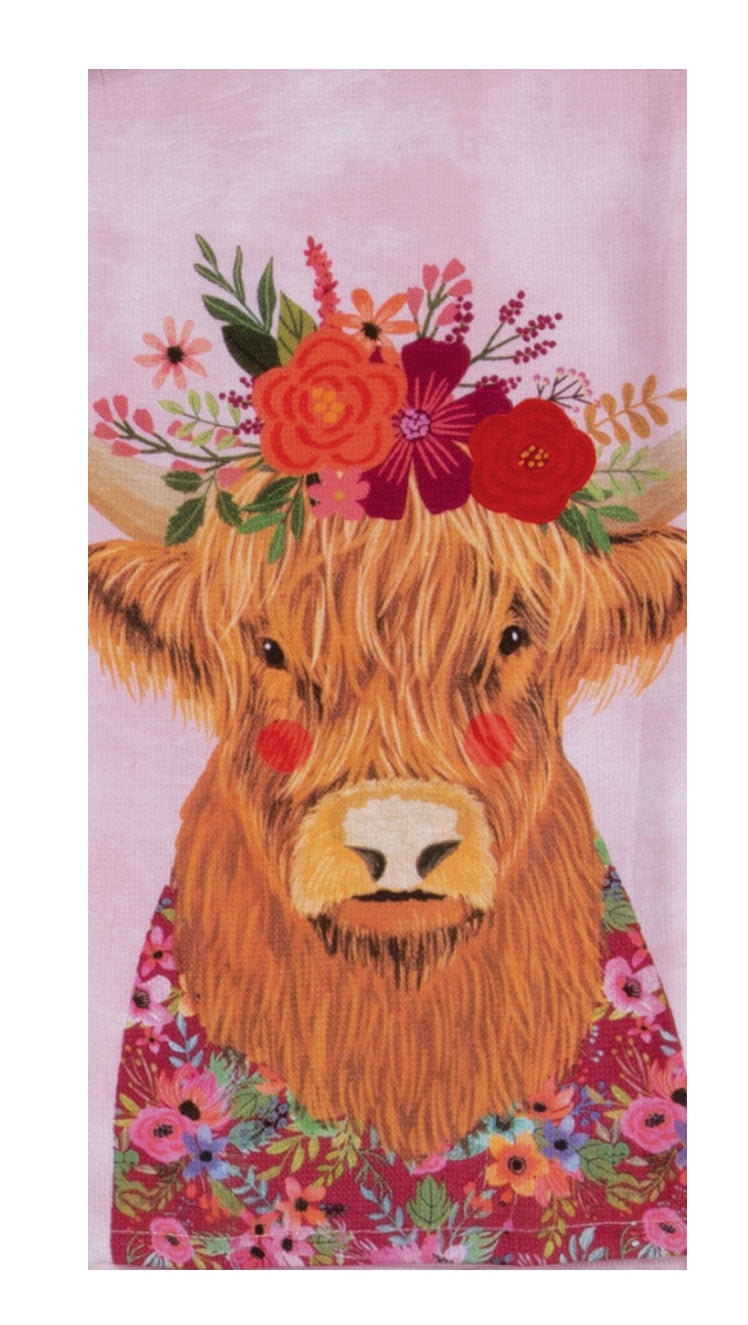 Floral Highland Cow Terry Towel | Kay Dee Designs