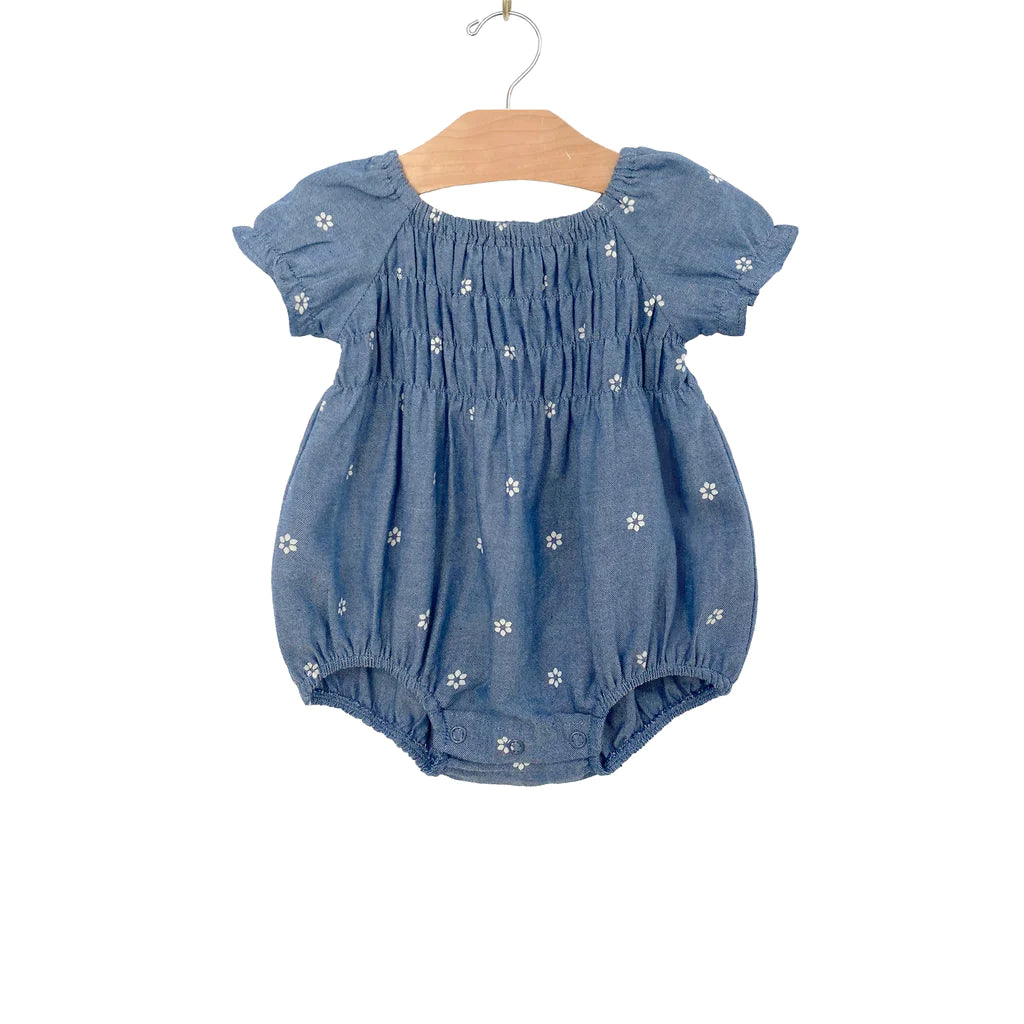Smocked Bubble Romper - Chambray Daisies  | City Mouse