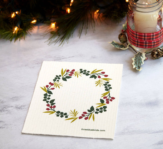 Winter Wreath Swedish Dishcloth | Three Bluebirds