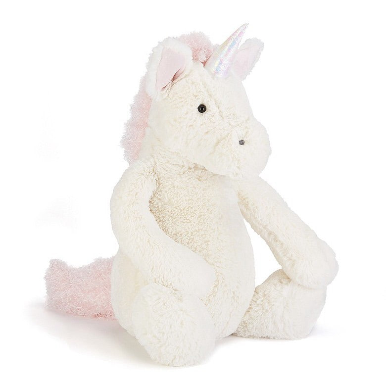 jellycat bashful unicorn small medium large huge best children's soft toys animals safe for babies popular plushies softest cuddle high quality comfort item suitable from birth london u.k. Baby shower gift pregnancy magical pink and white unicorn shop local support small business 