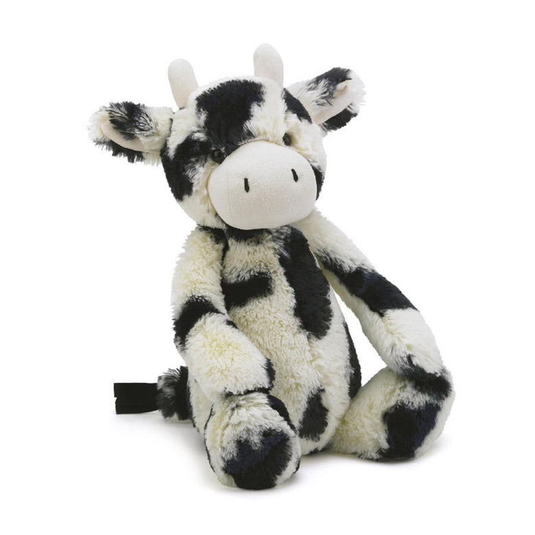 Jellycat bashful calf small medium large huge best children’s soft toys animals safe for babies popular plushies softest cuddle high quality comfort item suitable from birth London uk baby shower birthday gift pregnancy sweet black and white cow shop local support small business 